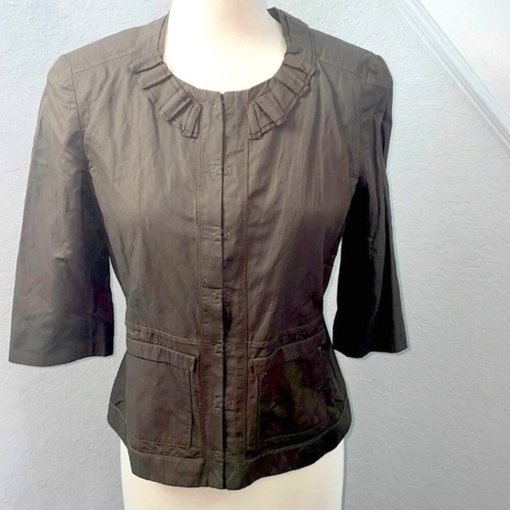 Tahari dark green olive fully lined jacket w/ruffle detail & two front pockets.6